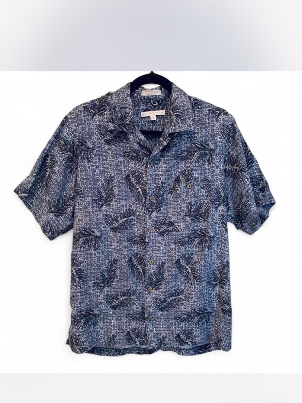 Silk Geoffrey Beene Navy Blue Tropical Print Short-Sleeve Button-Down Shirt M
